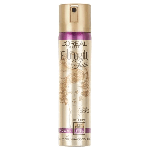 L'Oreal Elnett Extra Strength Precious Oil Hairspray in 75ml bottle, showcasing the spray nozzle and product packaging.
