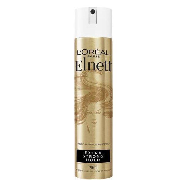 L'Oreal Elnett Extra Strong Hold Mini Hairspray in 75ml spray bottle, ideal for firm hairstyle hold and styling.