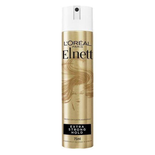 L'Oreal Elnett Extra Strong Hold Mini Hairspray in 75ml spray bottle, ideal for firm hairstyle hold and styling.