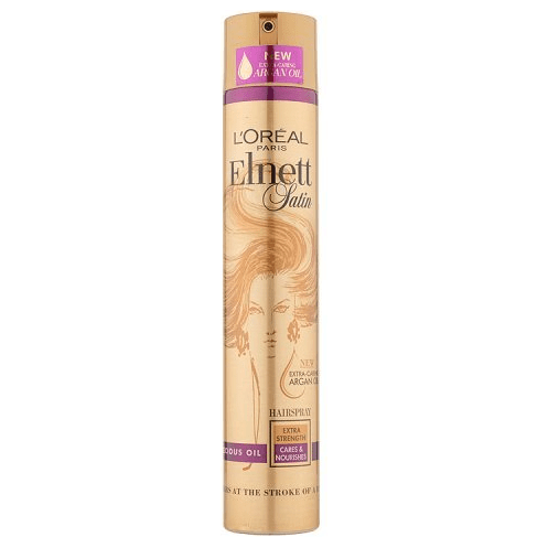 L'Oreal Elnett Precious Oil Hairspray 400ml bottle, featuring a sleek design and spray nozzle for flexible hairstyling.