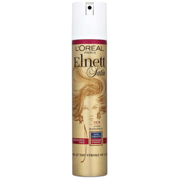 L'Oreal Elnett Satin UV Filter Coloured Hair Extra Strength Hairspray 300ml, aerosol can with product label and spray nozzle