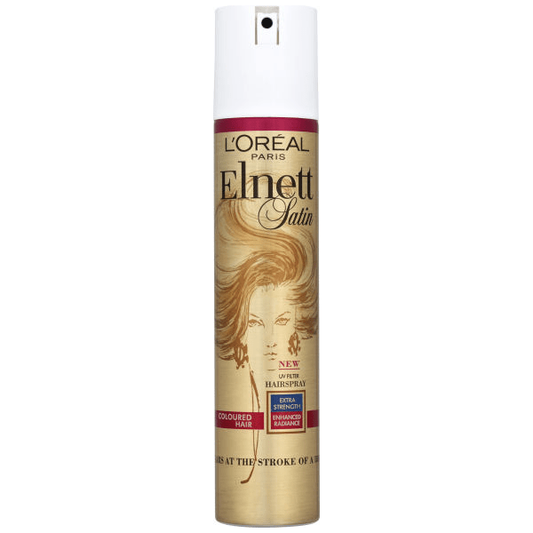 L'Oreal Elnett Satin UV Filter Coloured Hair Extra Strength Hairspray 300ml, aerosol can with product label and spray nozzle