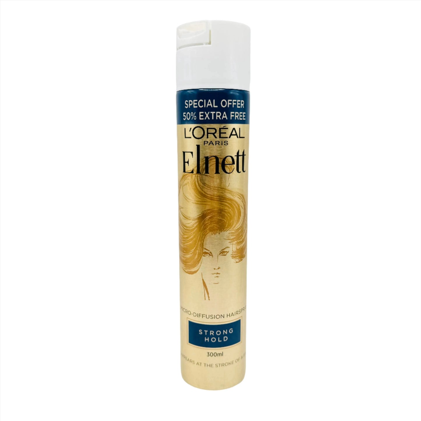 L'Oreal Elnett Strong Hold Hairspray 300ml bottle with aerosol spray for firm, long-lasting hairstyle hold