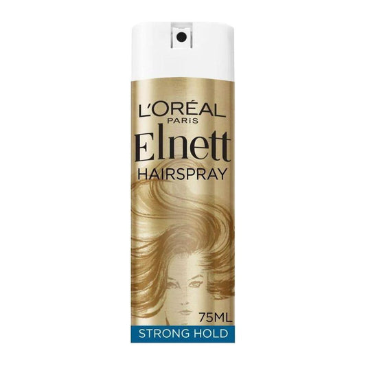 L'Oreal Elnett Strong Hold Mini Hairspray in 75ml aerosol can, ideal for styling and setting hair with a strong, long-lasting hold.
