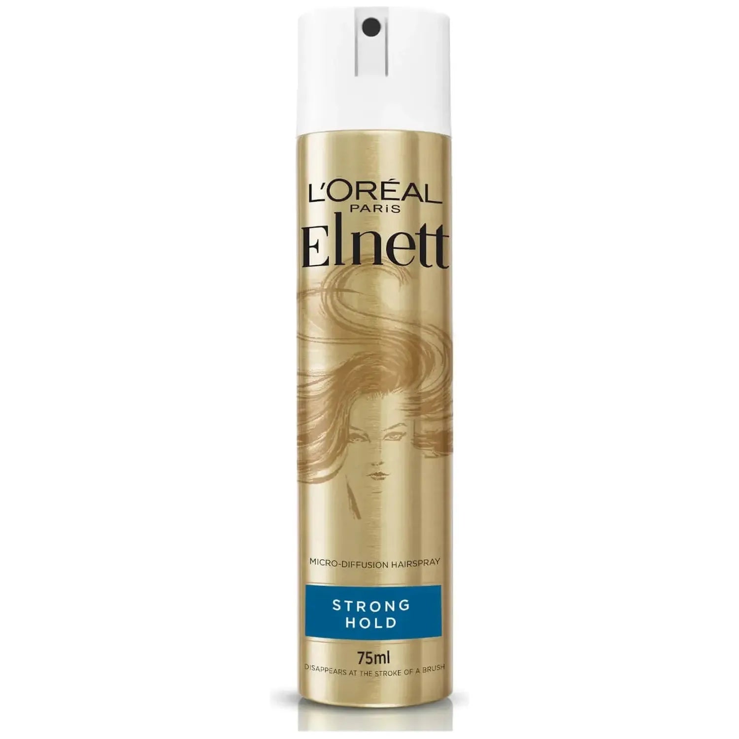 L'Oreal Paris Elnett Strong Hold Hairspray in 75ml spray bottle, designed for strong, long-lasting hairstyle hold.