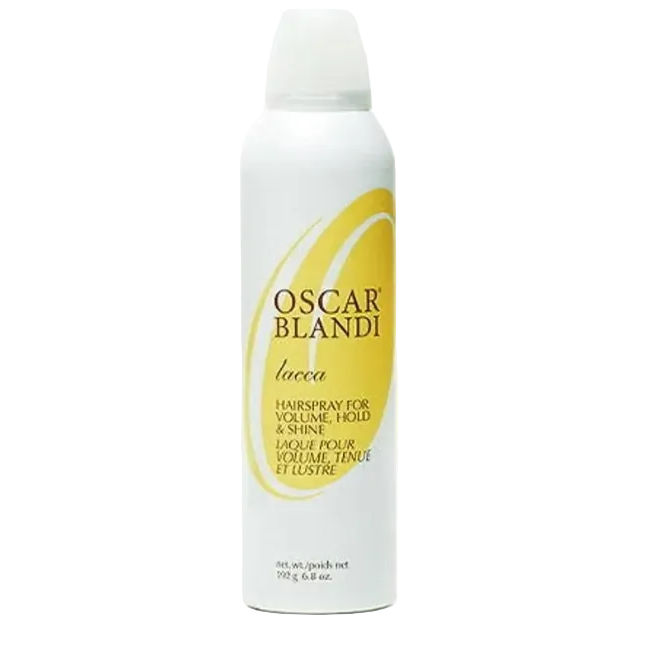 Oscar Blandi Lacca Medium Hold Hairspray 6.8 oz in a spray bottle, showcasing its packaging and product label.