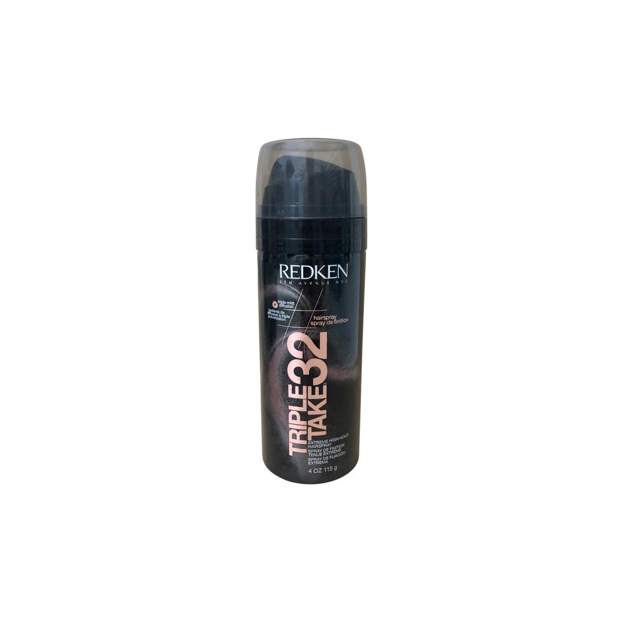 Redken Style Triple Take 32 high hold hairspray in 4 oz spray bottle, provides extreme hold for styled hair.