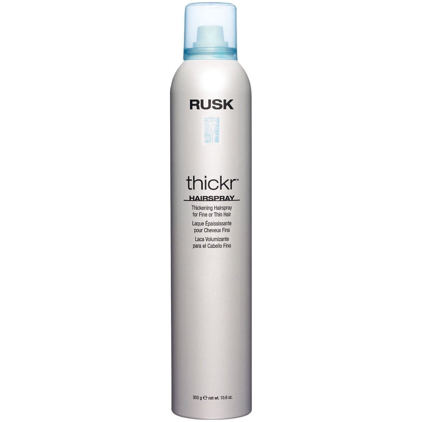Rusk Thickr Hairspray for fine hair in a 360 mL bottle, providing strong hold and volume for lightweight styling.