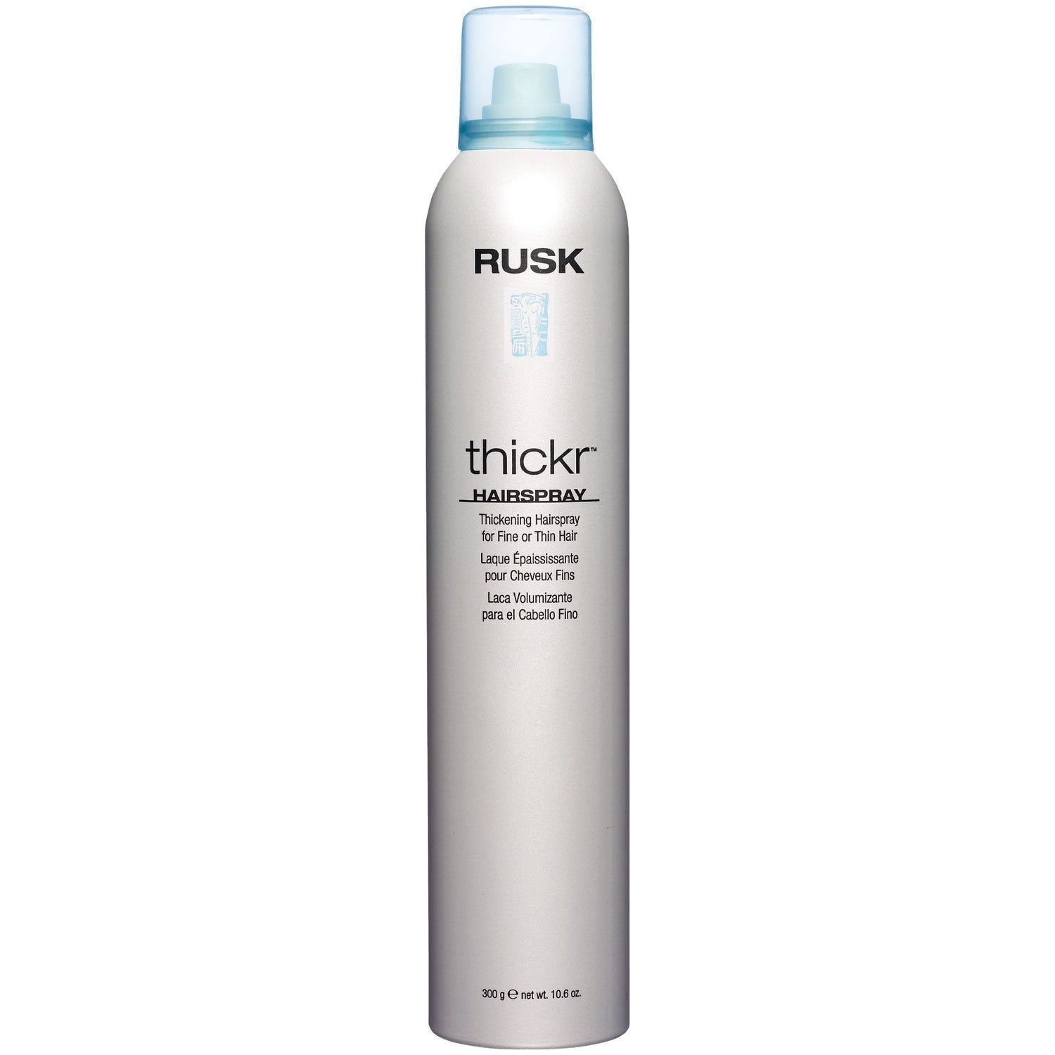 Rusk Thickr Hairspray for fine hair in a 360 mL bottle, providing strong hold and volume for lightweight styling.