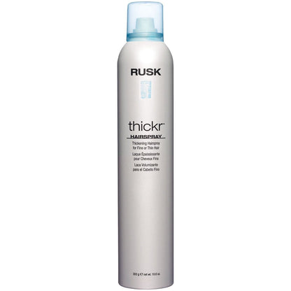 Rusk Thickr Hairspray for fine hair in a 360 mL bottle, providing strong hold and volume for lightweight styling.