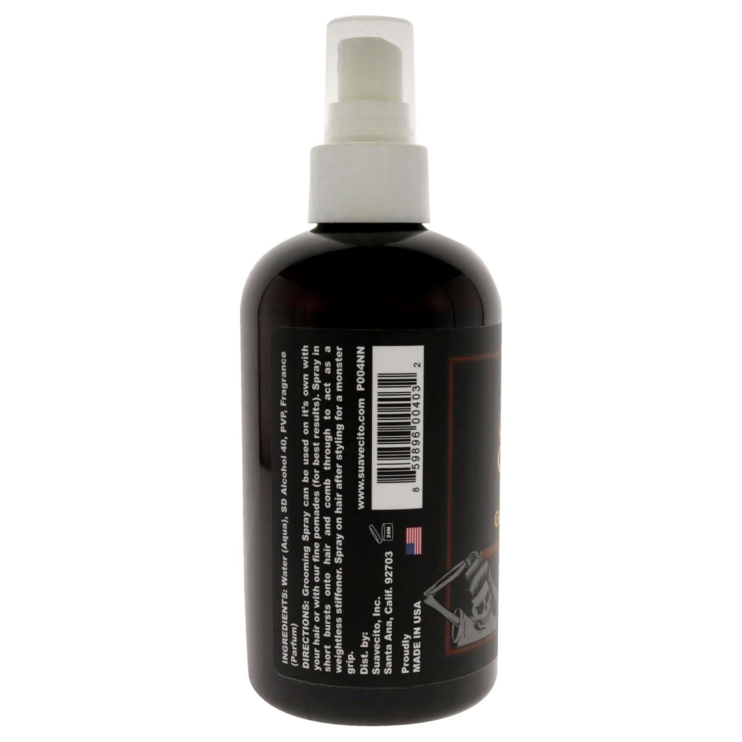Suavecito Grooming Spray hairspray in 8 oz bottle, natural hold, ideal for styling and finishing hair.