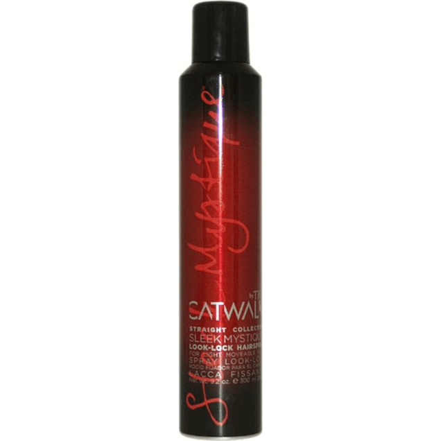 Tigi Sleek Mystique Look-Lock Hairspray 9.2oz bottle with a spray nozzle, designed for sleek, long-lasting hair hold.