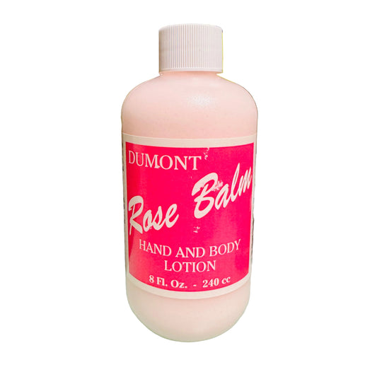 Pasteur Pharmacy Dumont Rose Balm hand and body lotion 8 oz bottle with a soft pink label and floral design.