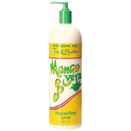 Triple Lanolin Mango Vera Hand & Body Lotion by Pasteur Pharmacy, 20 oz bottle with smooth lotion texture visible.