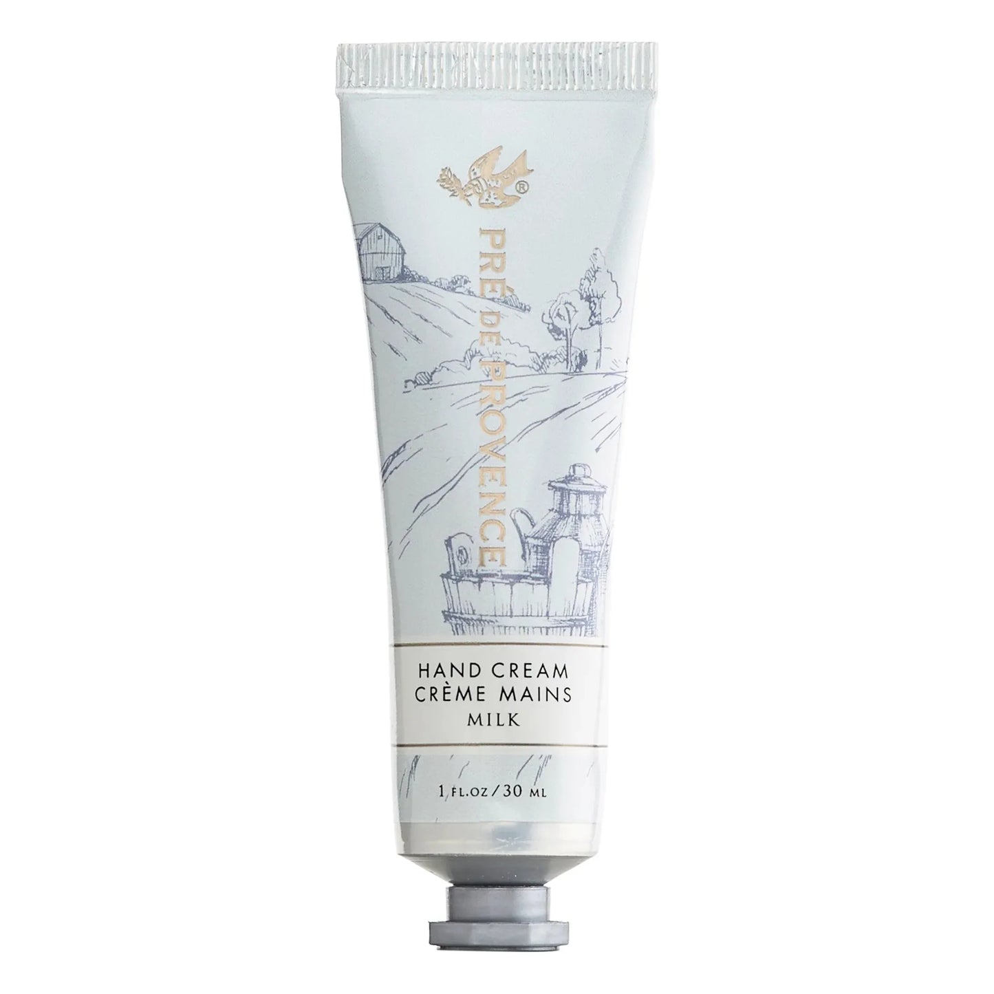 Pre de Provence Riche Hand Butter in Milk scent, 1 fl oz, creamy moisturizing hand butter with elegant packaging.