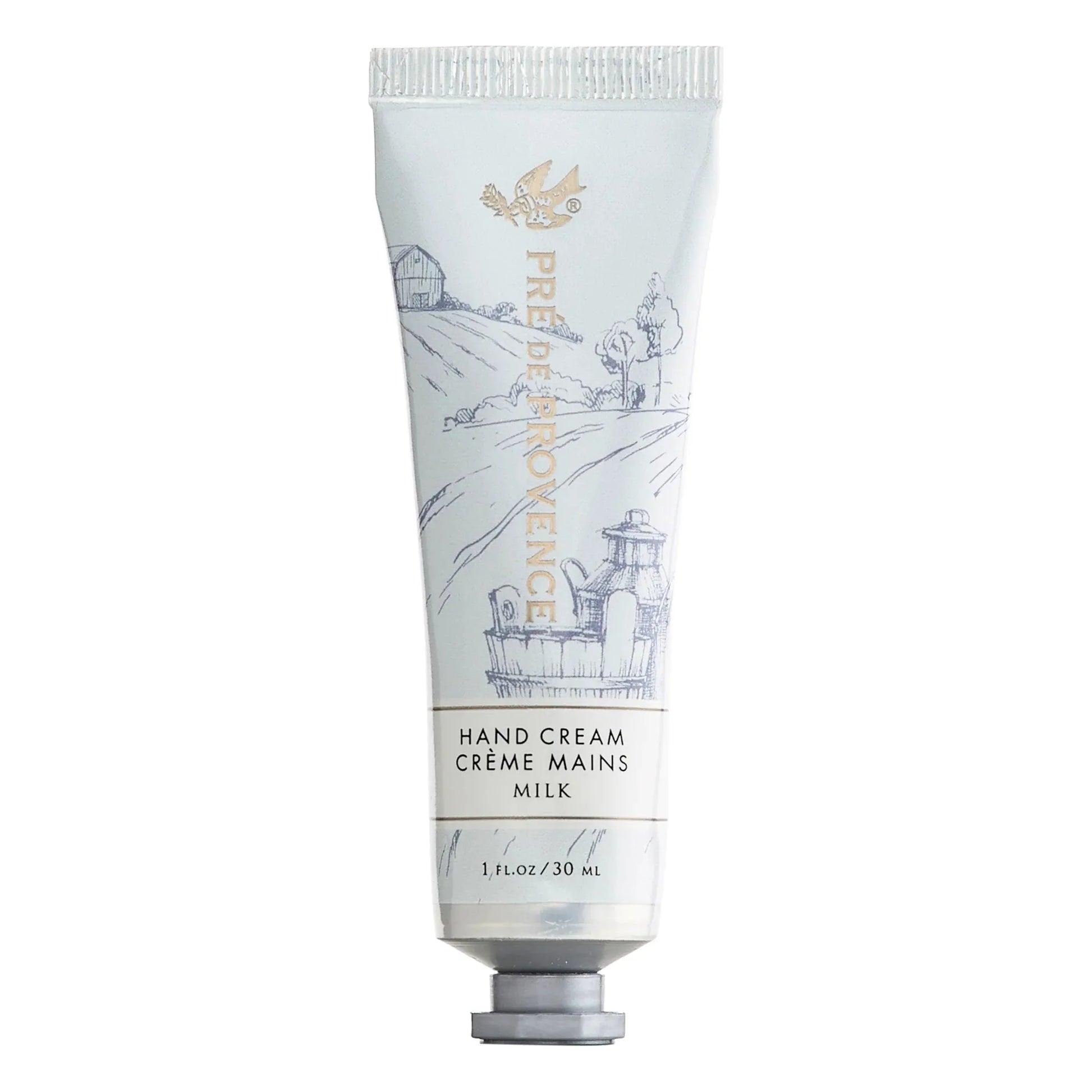 Pre de Provence Riche Hand Butter in Milk scent, 1 fl oz, creamy moisturizing hand butter with elegant packaging.