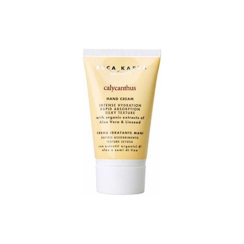 Acca Kappa Calycanthus Hand Cream in 75ml tube, featuring floral scent and moisturizing formula, displayed in a natural setting.