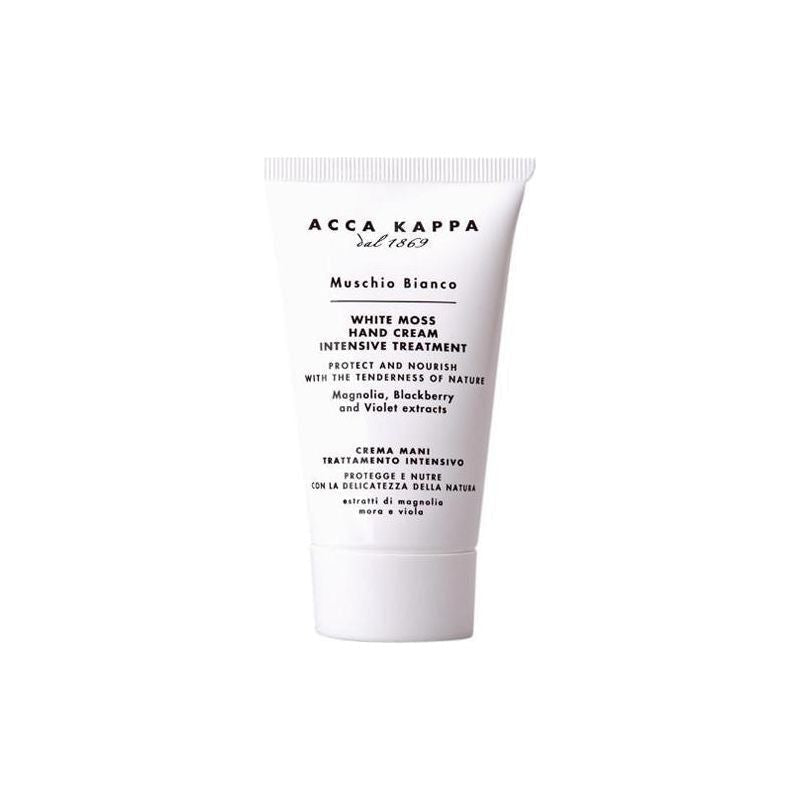 Acca Kappa White Moss hand cream in 2.5 oz tube with elegant packaging, moisturizing and nourishing skin.