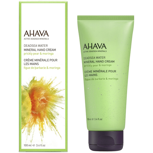 Ahava Mineral Hand Cream with prickly pear and moringa, 3.4 oz, moisturizing hand cream in a tube.