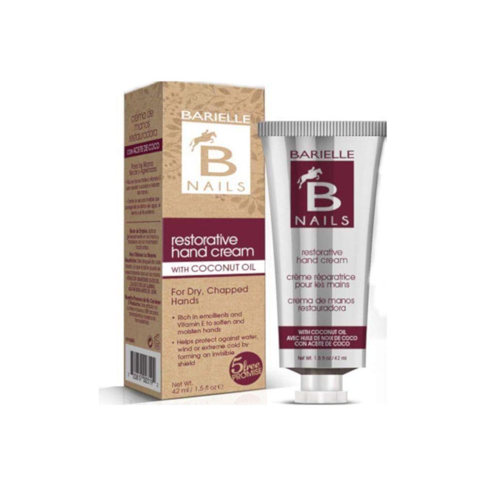 Barielle Restorative Hand Cream with Coconut Oil in 1.45 oz tube, showing creamy texture and coconut oil ingredients.