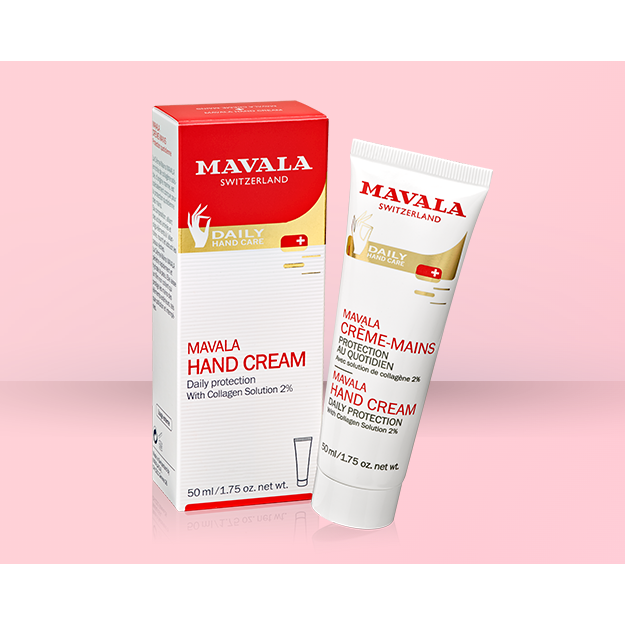 Mavala Hand Cream Daily Care in 1.7 oz tube, moisturizing and protecting hand cream with soft texture and smooth finish.