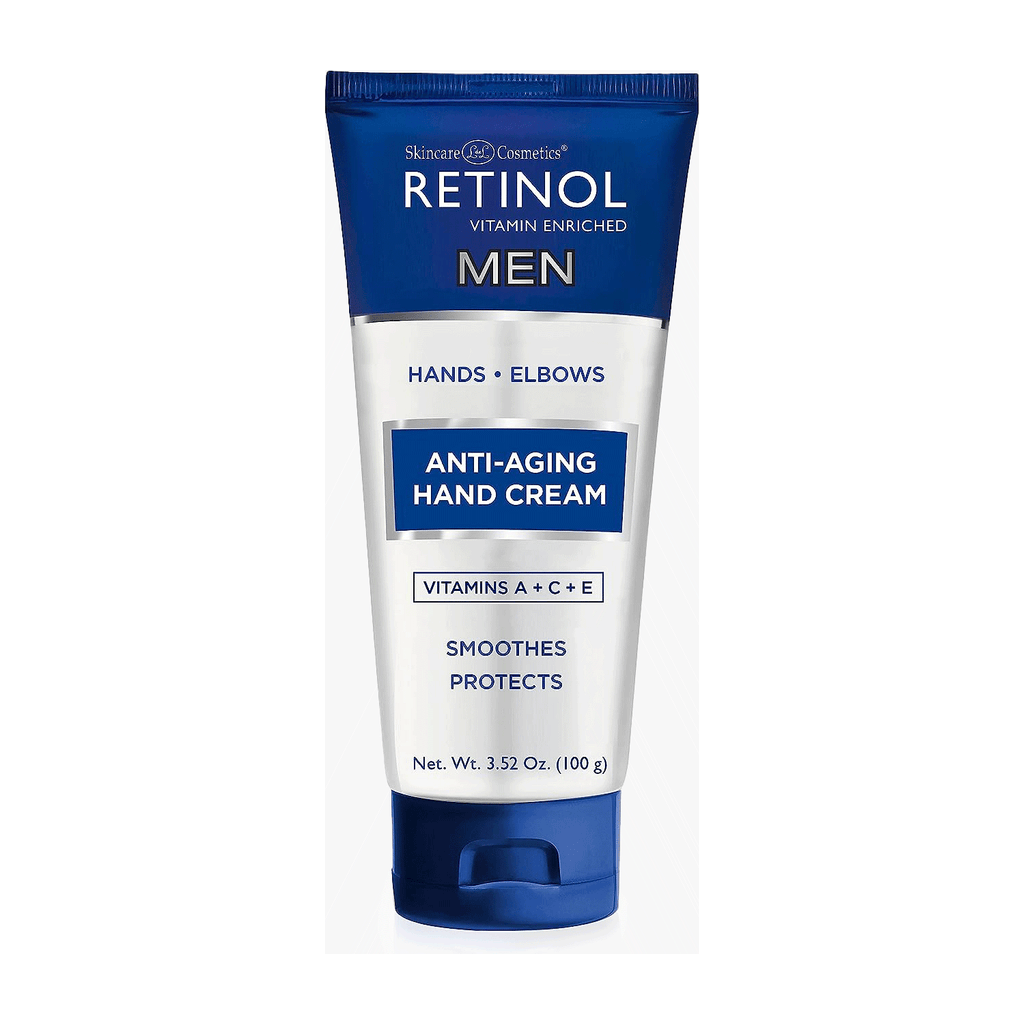 Retinol Men anti-aging hand cream in 3.4 oz tube by Pasteur Pharmacy, showing creamy texture and packaging.