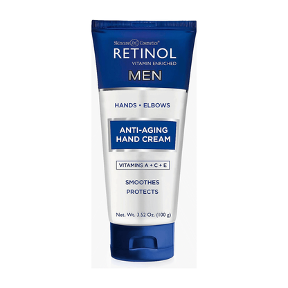 Retinol Men anti-aging hand cream in 3.4 oz tube by Pasteur Pharmacy, showing creamy texture and packaging.