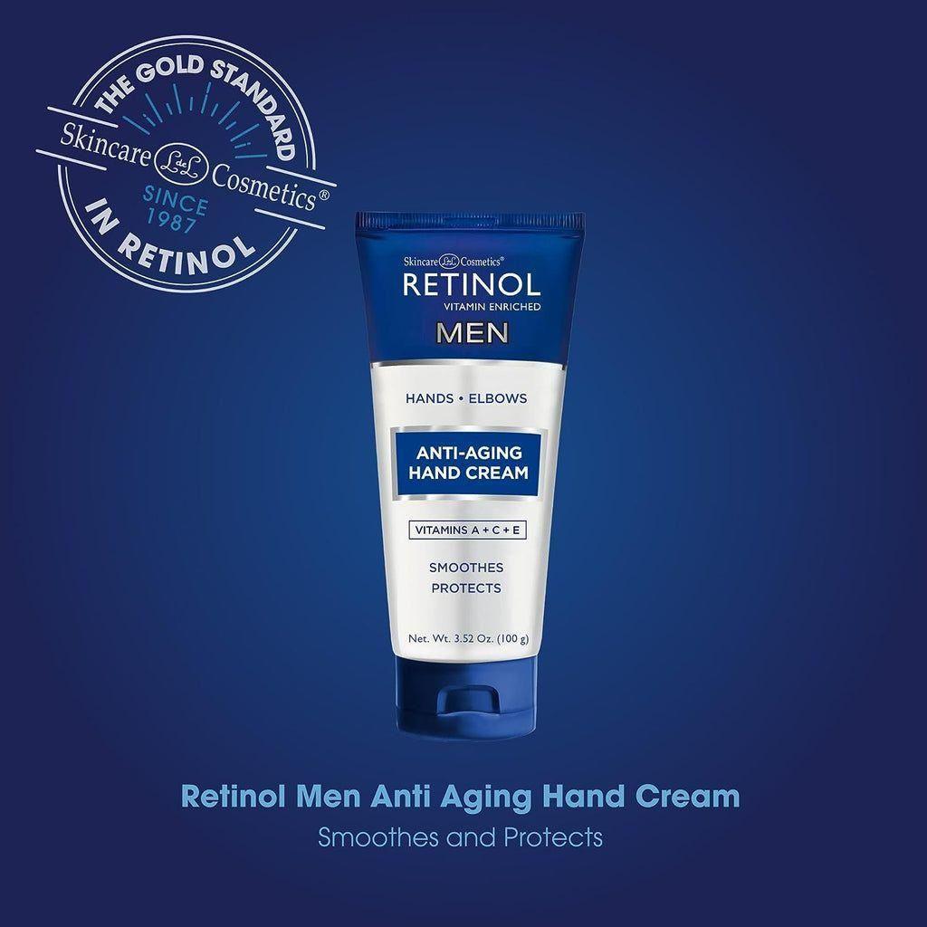 Pasteur Pharmacy Retinol Men Anti-Aging Hand Cream in 3.4 oz tube, showing smooth, healthy-looking men's hands with the product.