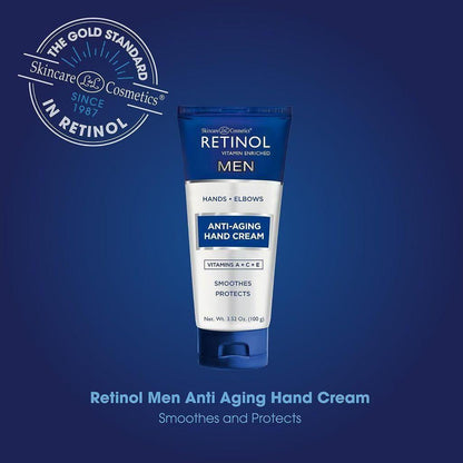 Pasteur Pharmacy Retinol Men Anti-Aging Hand Cream in 3.4 oz tube, showing smooth, healthy-looking men's hands with the product.