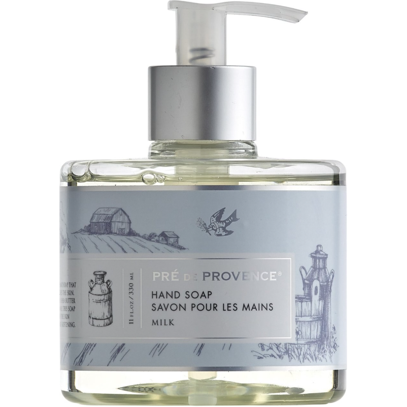Pasteur Pharmacy Pre de Provence Milk Hand Liquid Soap 11 oz bottle with elegant packaging and creamy soap texture.