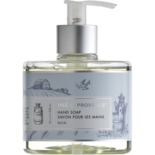 Pasteur Pharmacy Pre de Provence Milk Hand Liquid Soap 11 oz bottle with elegant packaging and creamy soap texture.