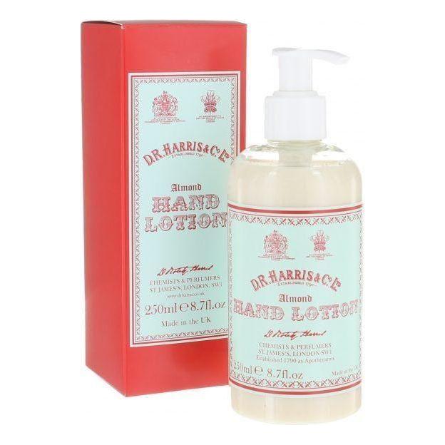 D. R. Harris & Co Almond Hand Lotion in 250ml bottle, moisturizing hand lotion with almond scent and elegant packaging