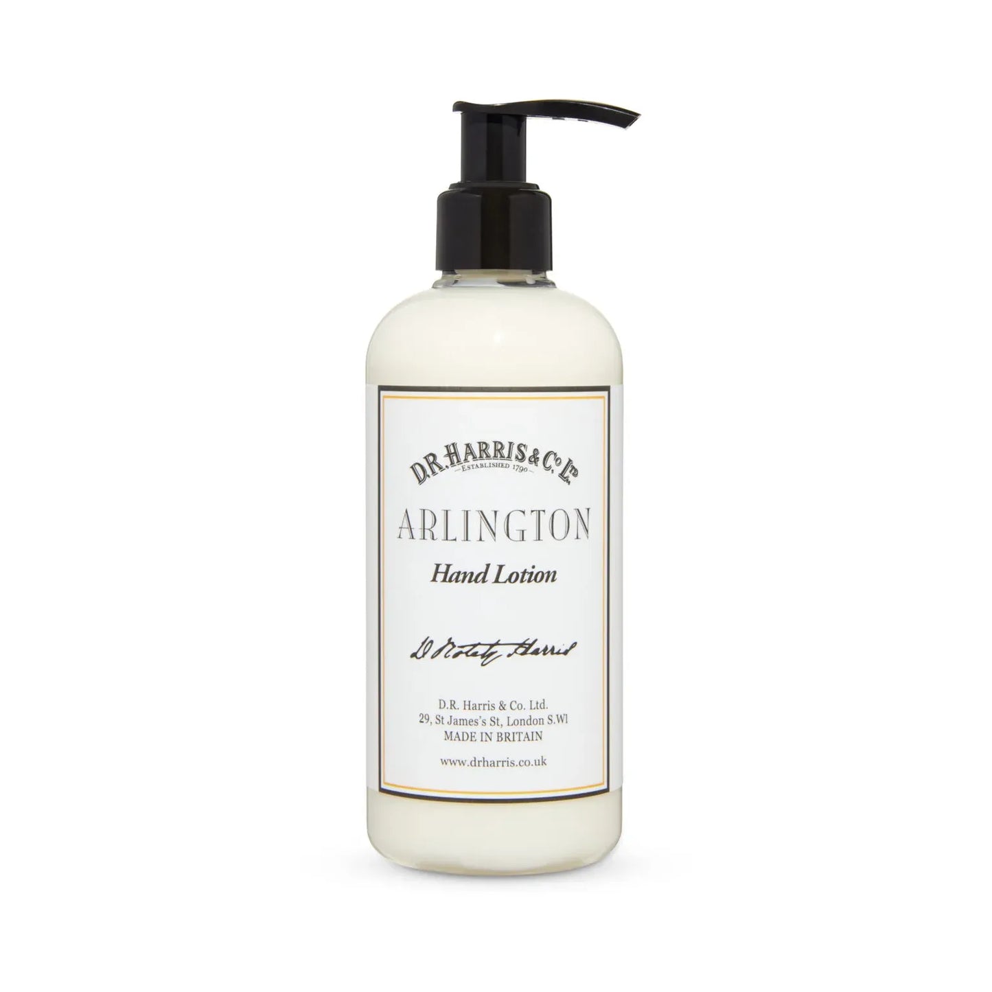 D.R. Harris & Co Arlington Hand Lotion 10.1 oz bottle with elegant label and pump dispenser, moisturizing hand care product.