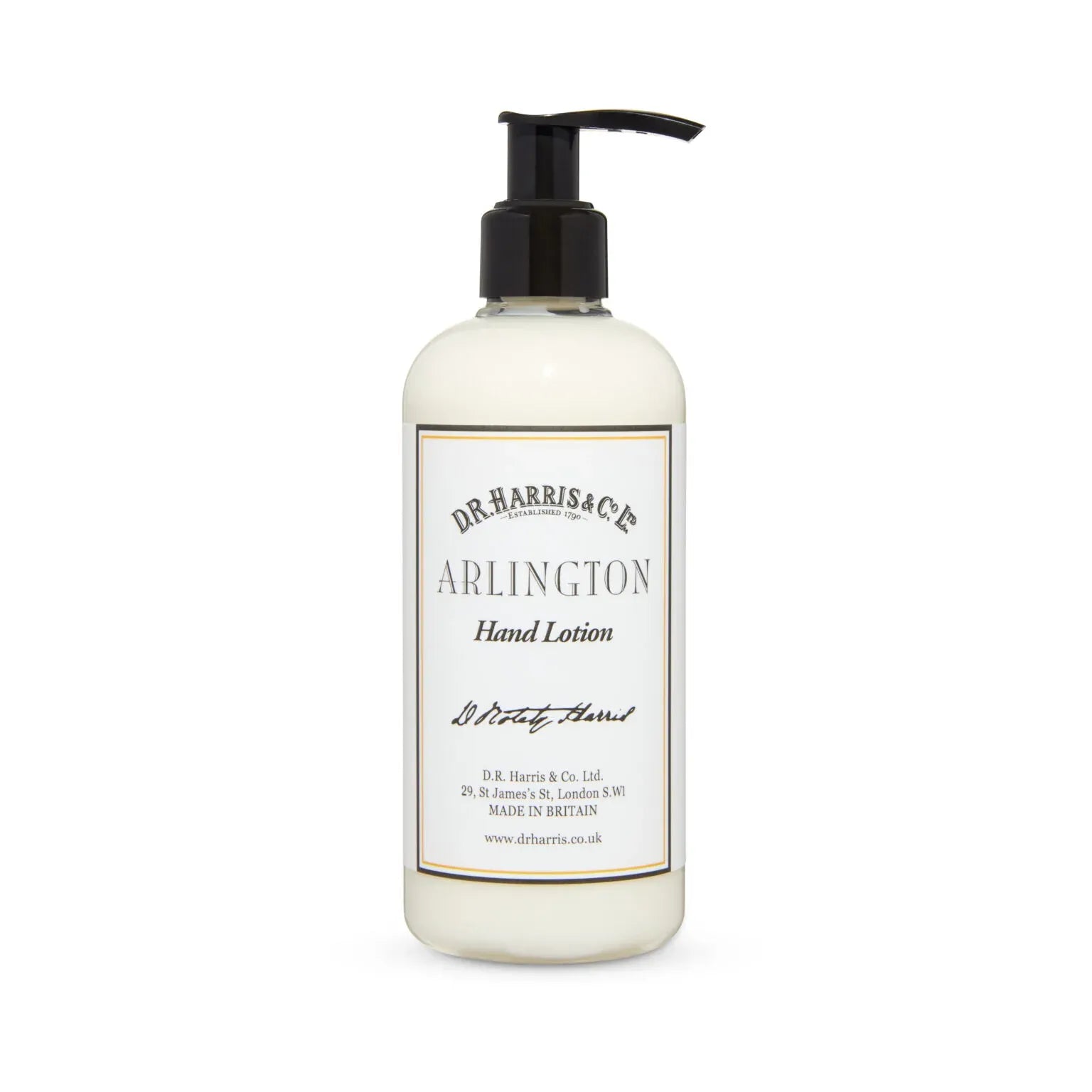 D.R. Harris & Co Arlington Hand Lotion 10.1 oz bottle with elegant label and pump dispenser, moisturizing hand care product.
