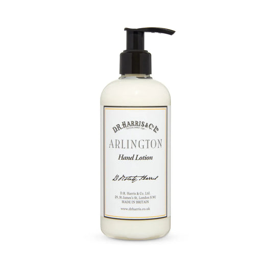 D.R. Harris & Co Arlington Hand Lotion 10.1 oz bottle with elegant label and pump dispenser, moisturizing hand care product.