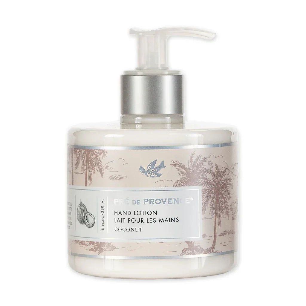 Pre de Provence Coconut Hand Lotion in 11 oz bottle, moisturizing cream with coconut scent, by Pasteur Pharmacy