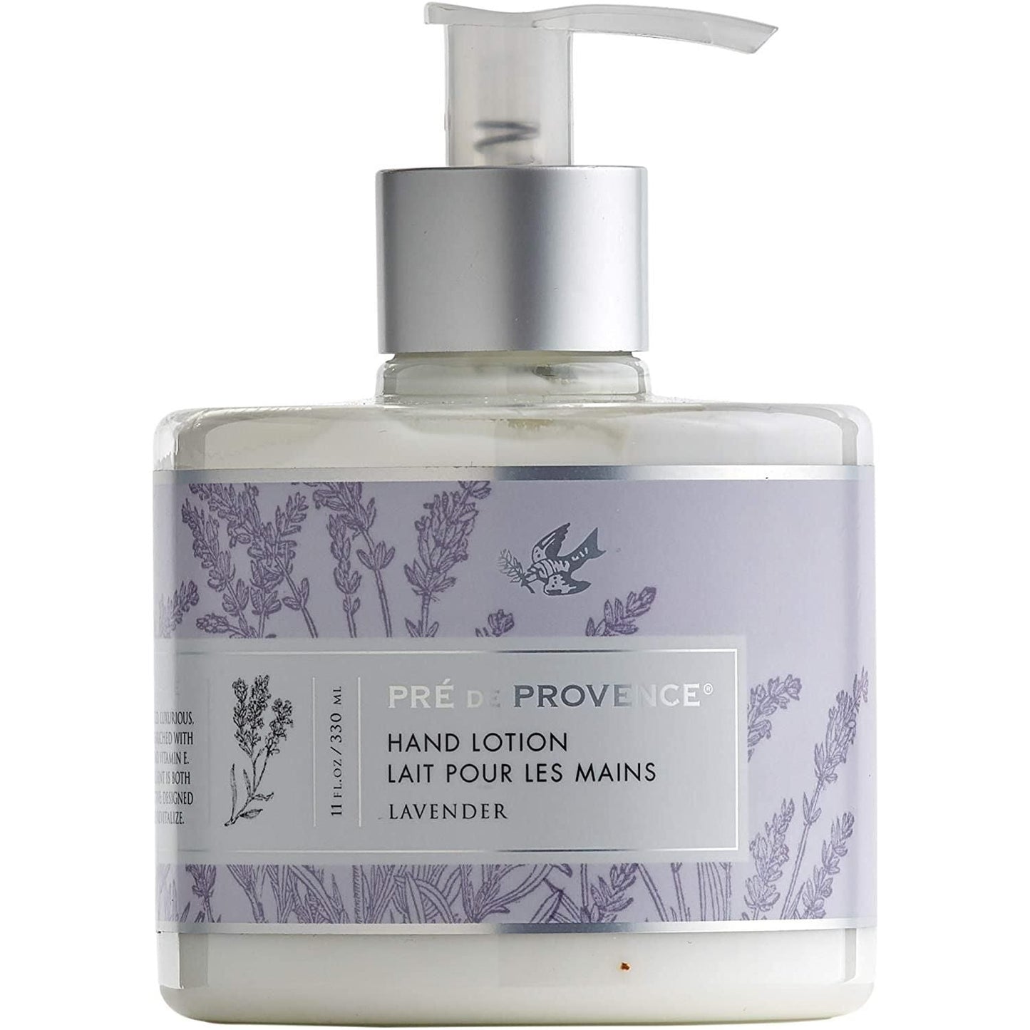 Lavender hand lotion in a white bottle, featuring the Pre de Provence brand, with a floral lavender design on the label.