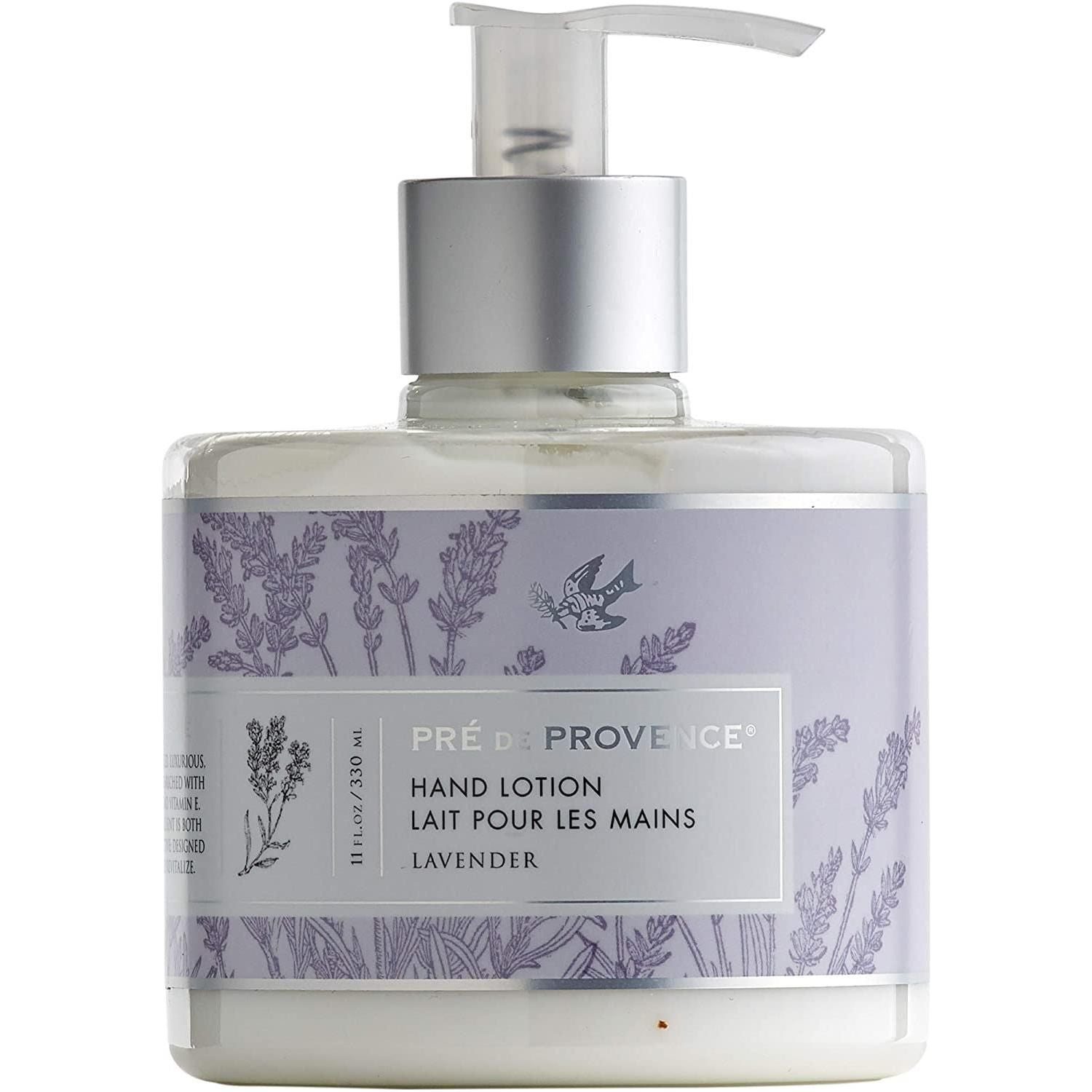 Lavender hand lotion in a white bottle, featuring the Pre de Provence brand, with a floral lavender design on the label.