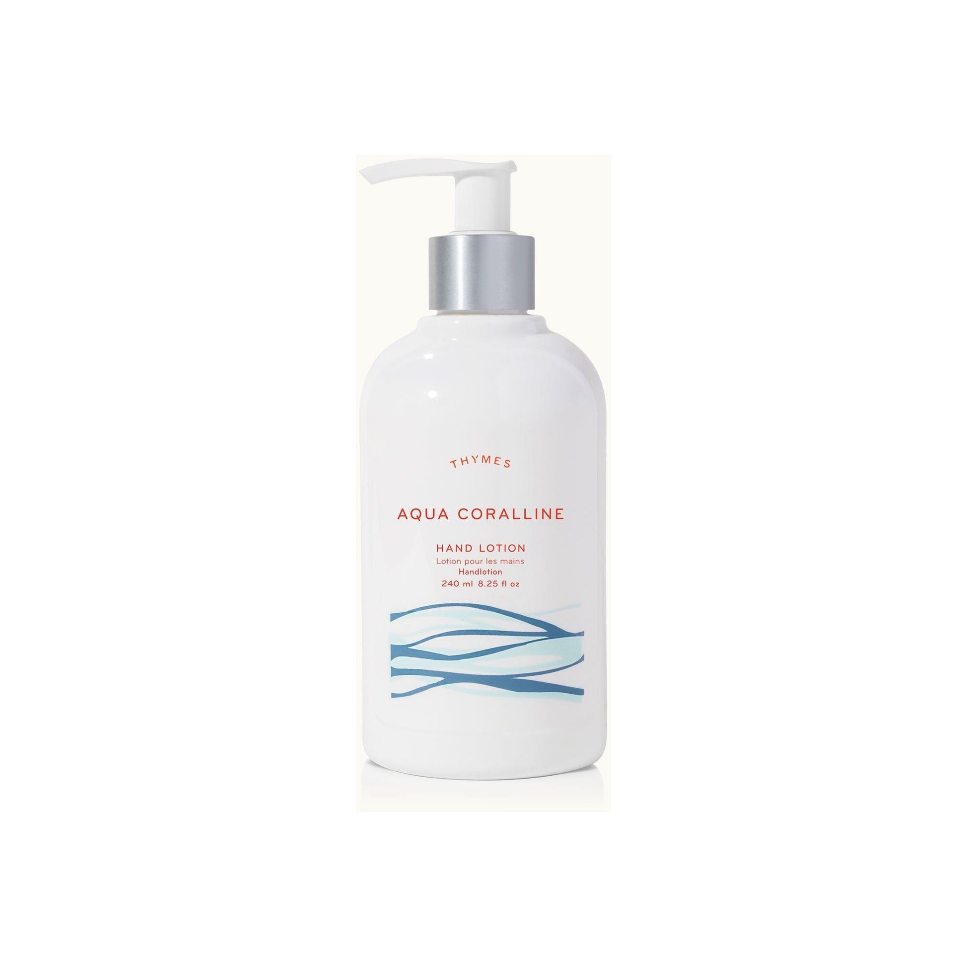 Pasteur Pharmacy Thymes Aqua Coralline hand lotion bottle with 240ml size, featuring a sleek design and botanical branding.