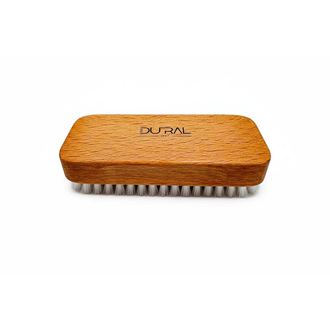 Dural beech wood hand and nail brush with short white nylon bristles and 6 rows, designed for effective hand and nail cleaning.