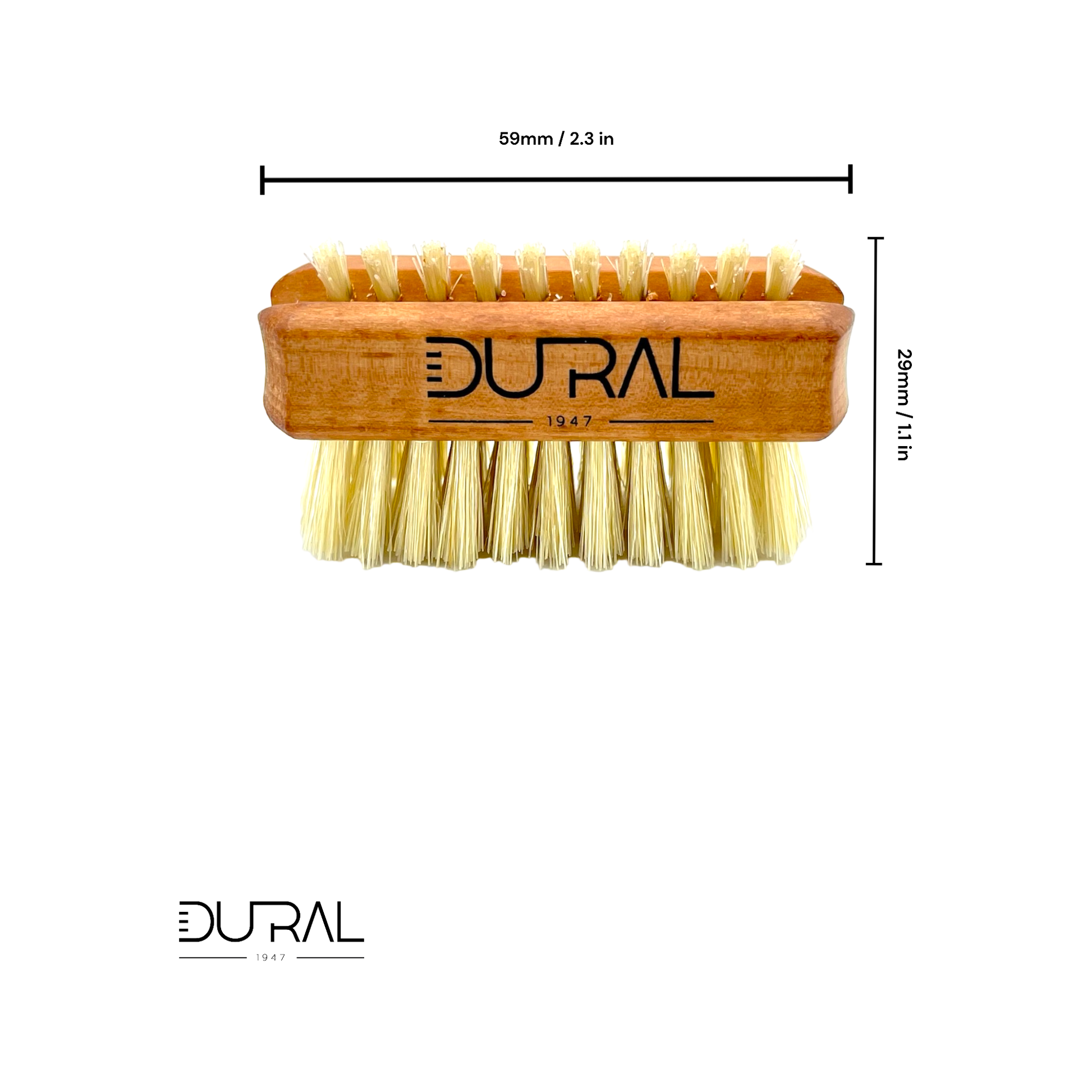 Dural Pear wood hand and nail brush with natural bristles, featuring 1 and 5-row designs for cleaning and grooming nails.