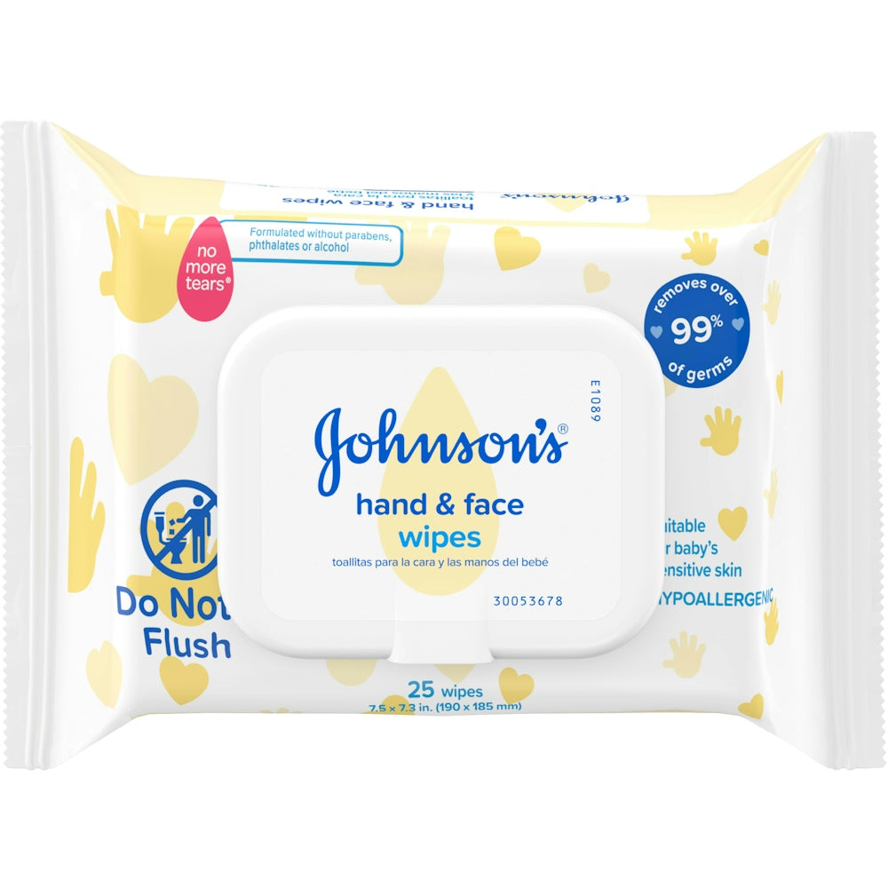 Johnson's Baby disposable hand and face cleansing wipes in a package, gentle and soft for baby's skin cleaning.