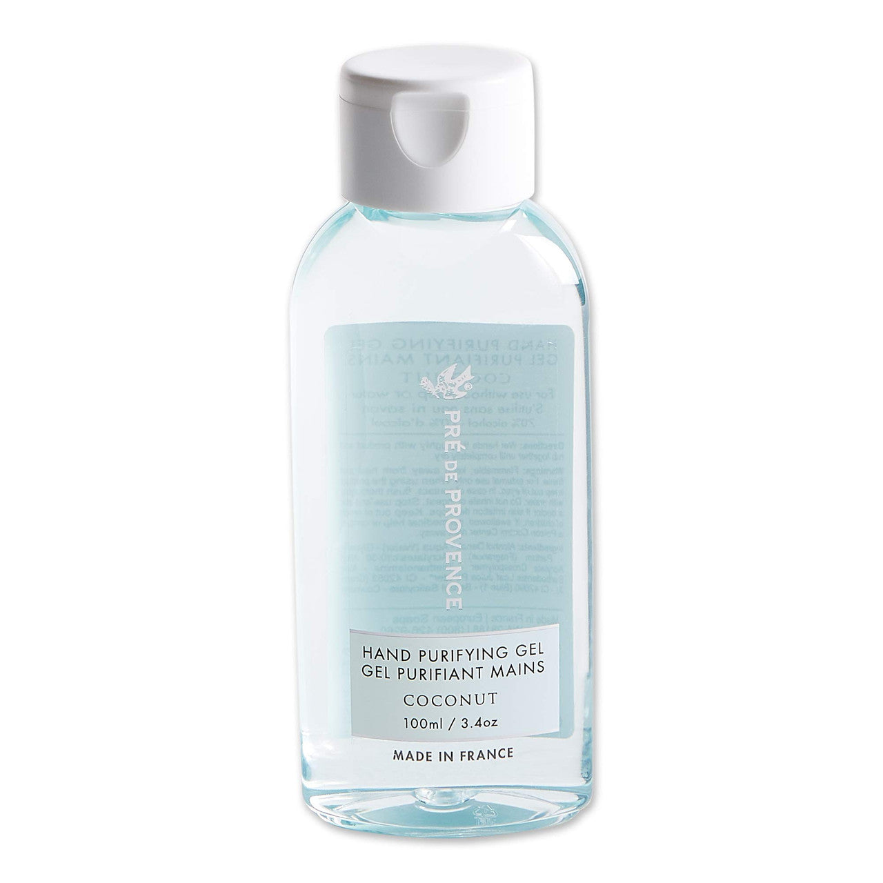 Pre de Provence Coconut Hand Purifying Gel 100ml, a natural hand sanitizer with a soothing coconut scent and clear gel consistency.