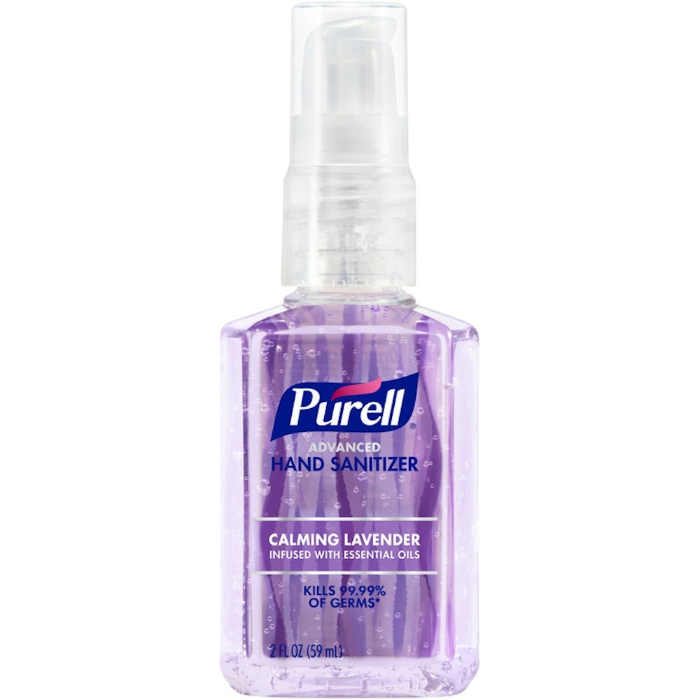 Purell Advanced Hand Sanitizer Calming Lavender 2 oz bottle from Pasteur Pharmacy, featuring a purple label and clear gel inside