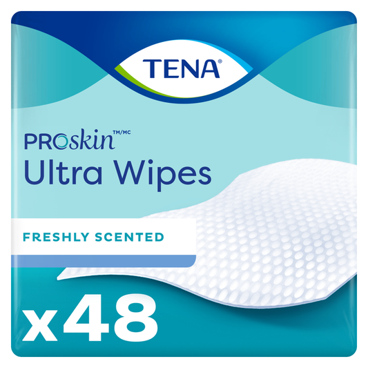 Pack of 48 Tena Ultra Washcloths from Pasteur Pharmacy, soft disposable wipes for personal hygiene and cleansing.