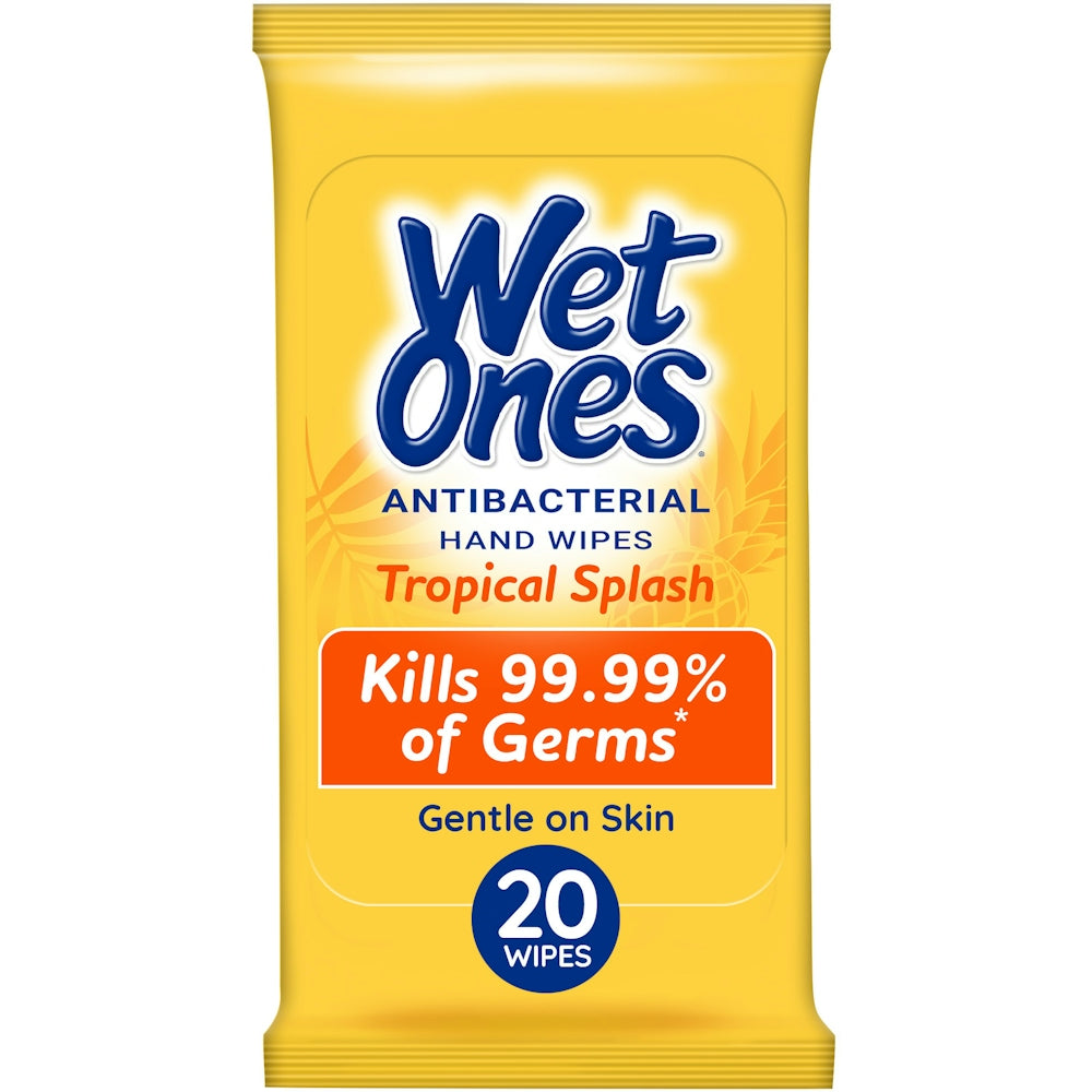 Wet Ones Antibacterial Hand Wipes Travel Pack with Tropical Splash scent, 20 count, ideal for quick hand cleaning on the go.