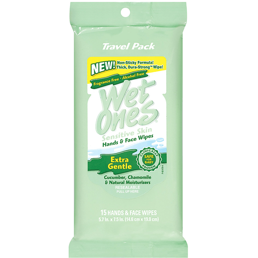 Wet Ones Sensitive Skin Extra Gentle Wipes by Pasteur Pharmacy for hands and face, soft, soothing antibacterial wipe for sensitive skin.