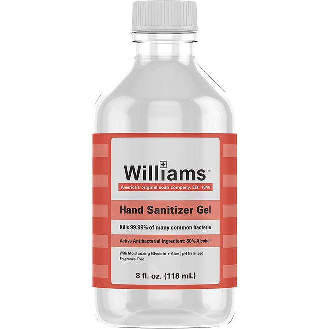 Williams Hand Sanitizer Gel 8 oz from Pasteur Pharmacy, clear gel in a white bottle with a flip cap.