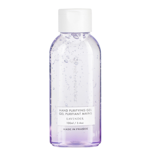 Pre de Provence Lavender Hand Purifying Gel in 100ml tube, a soothing antibacterial hand sanitizer with lavender scent.