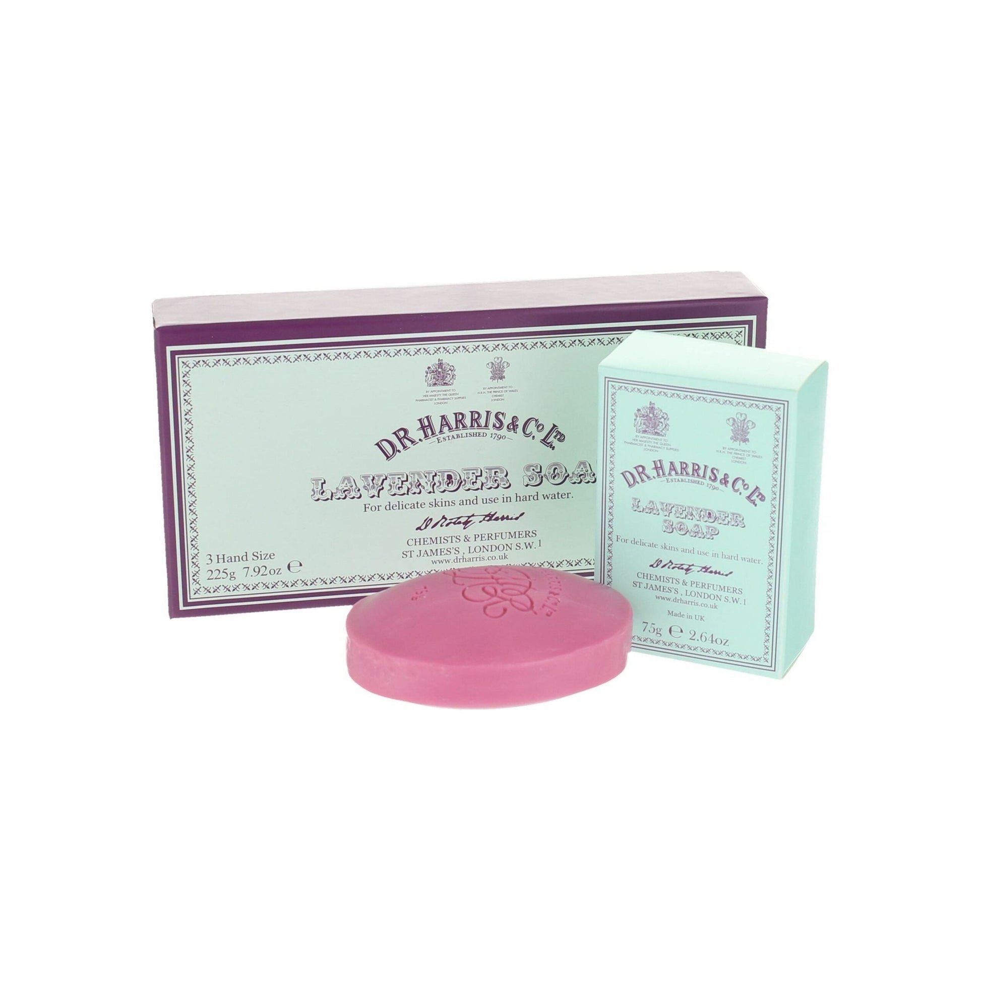 Three bottles of D.R. Harris & Co Old English Lavender Hand Soap in a 3-pack, featuring elegant packaging and lavender scent.
